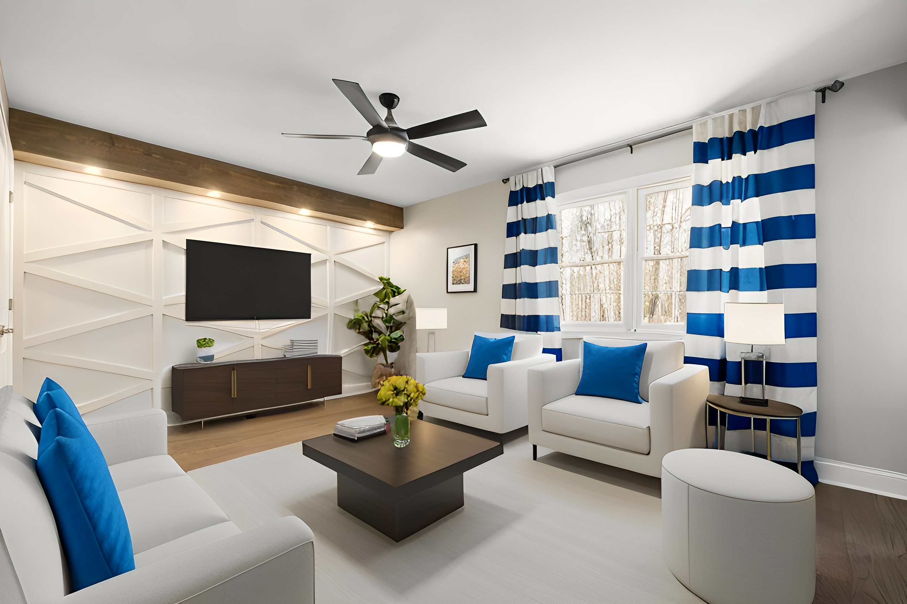 Virtual staged living room with coastal interior design style